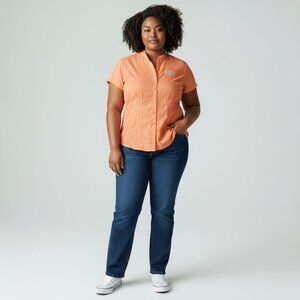 Columbia Womens Peach Button-Up Short Sleeve Shirt 1X Textured Lightweight